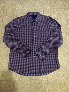 Egara Men's Long Sleeve Button Up Non-Iron Cotton Blue Purple Plaid Checkered XL